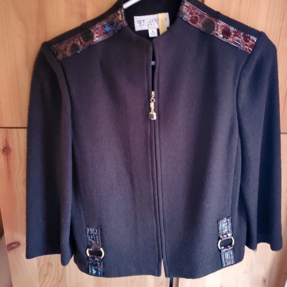 St John Collection Dk Brown Santana Knit Zip Front Blazer With Leather size 6
